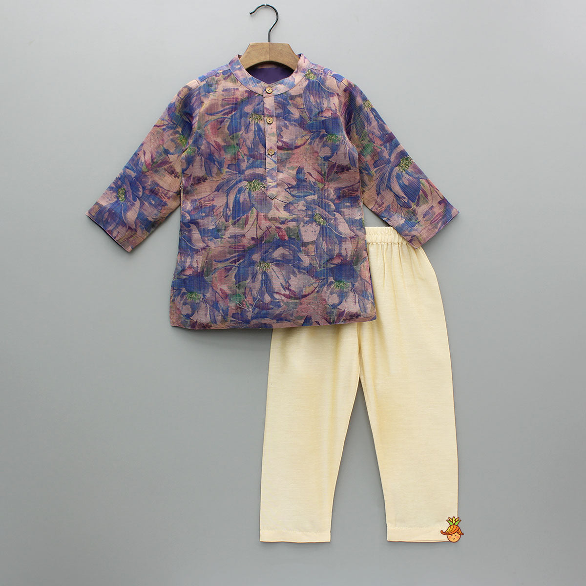 Purple Multicolour Printed Kurta With Embroidered Jacket And Pyjama