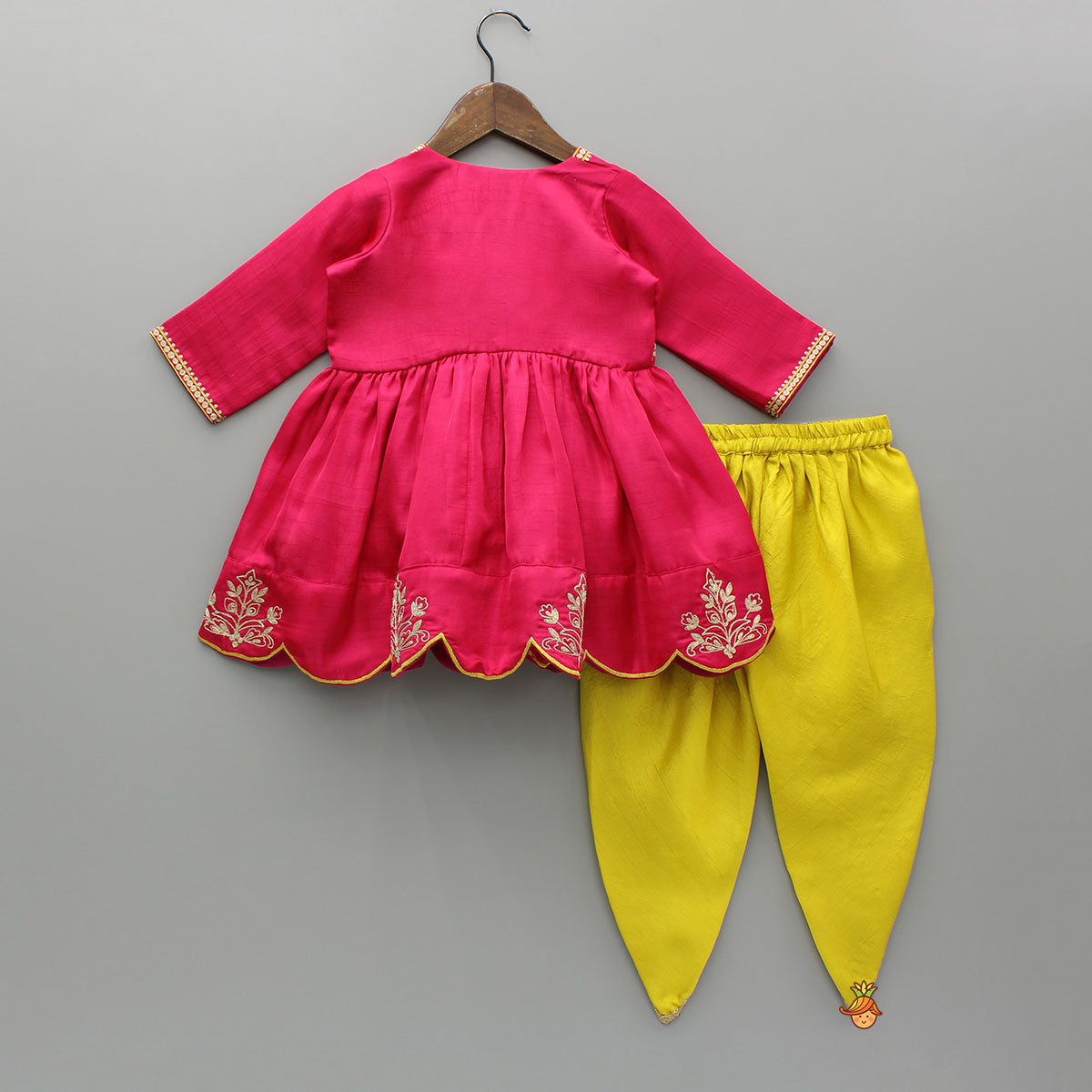 Pre Order: Pink Embroidered Angarkha Style Kurti And Tulip Dhoti