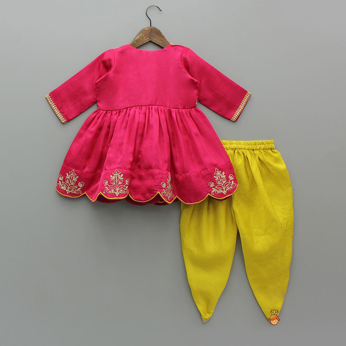 Pre Order: Pink Embroidered Angarkha Style Kurti And Tulip Dhoti