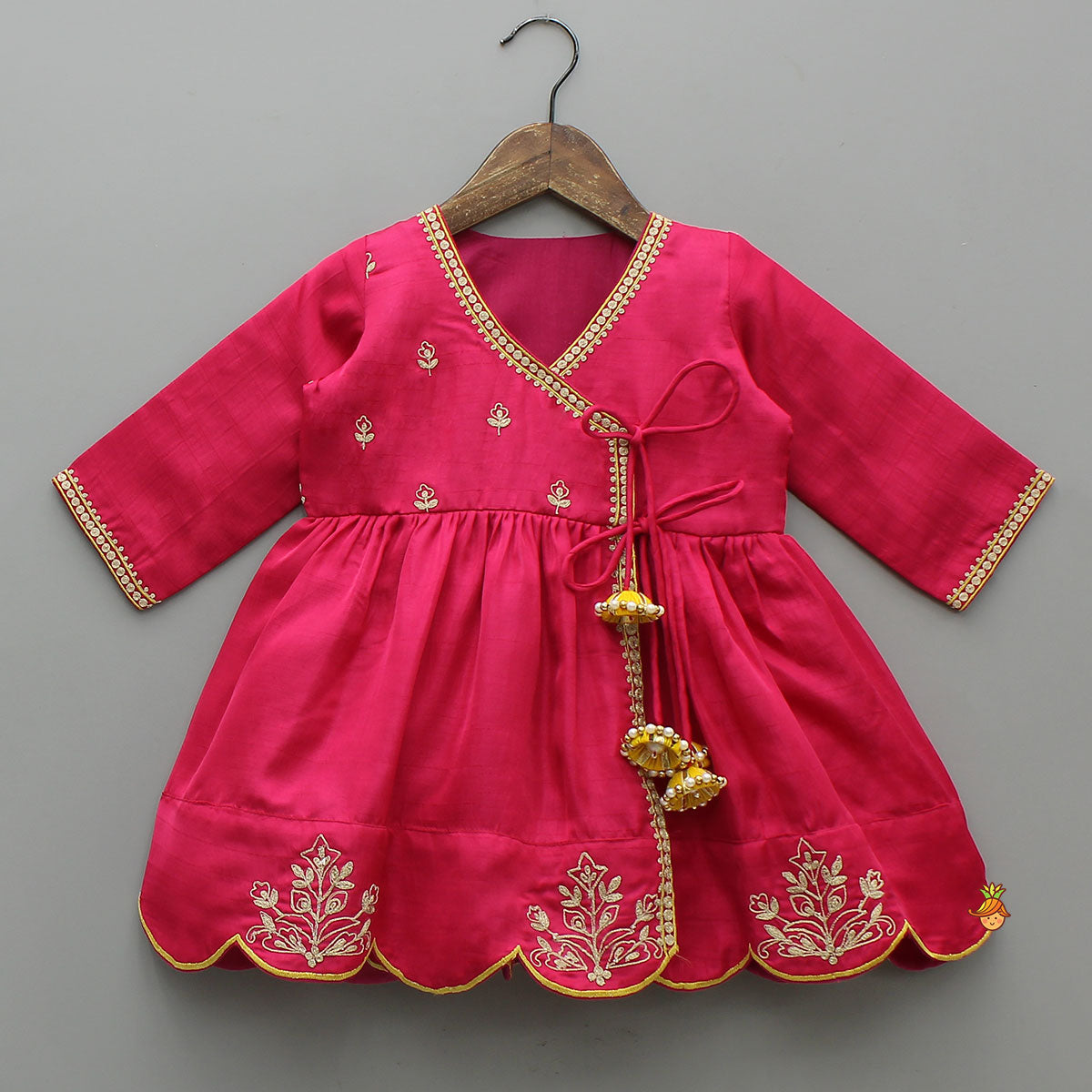 Pre Order: Pink Embroidered Angarkha Style Kurti And Tulip Dhoti