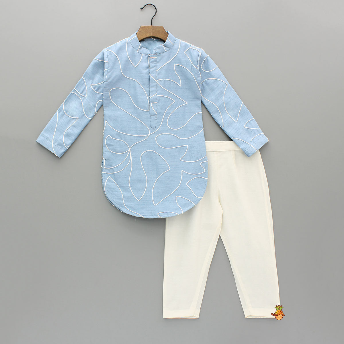 Pre Order: Blue Embroidered Kurta And Off White Pant
