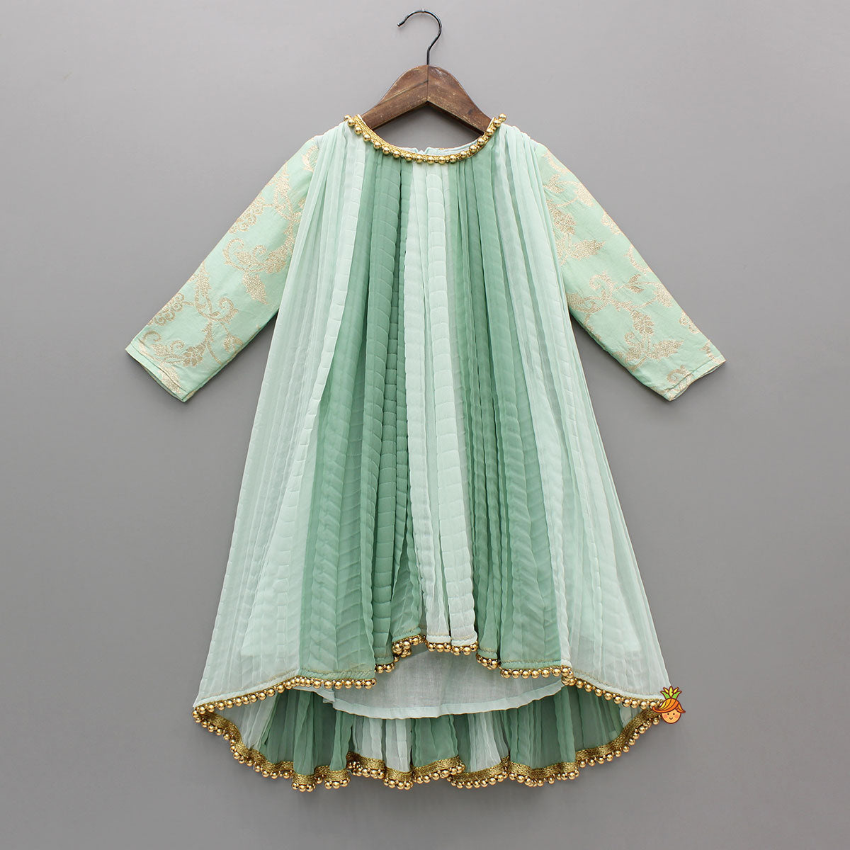 Pre Order: Green Dual Tone Embroidered Sleeves High Low Kurti