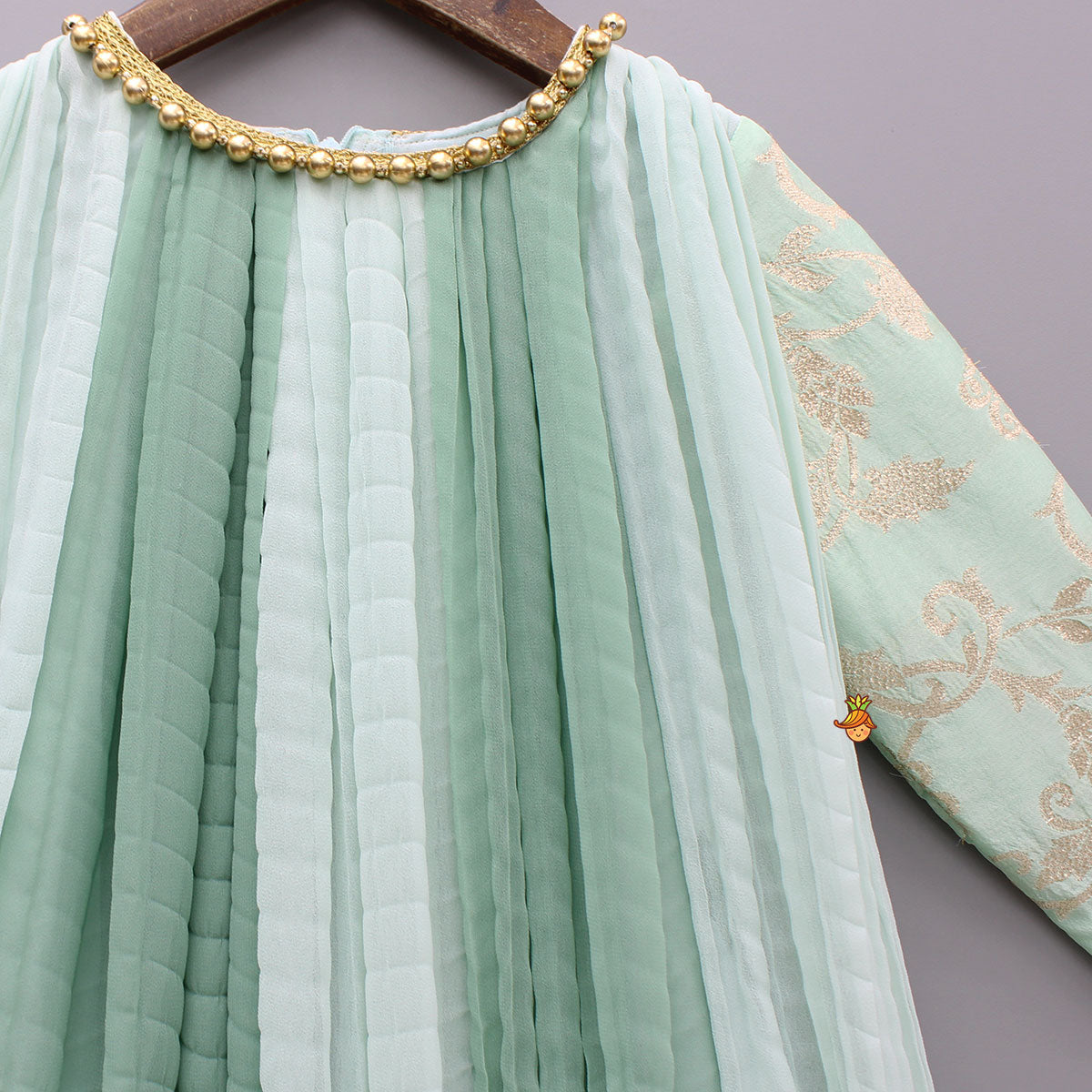 Pre Order: Green Dual Tone Embroidered Sleeves High Low Kurti