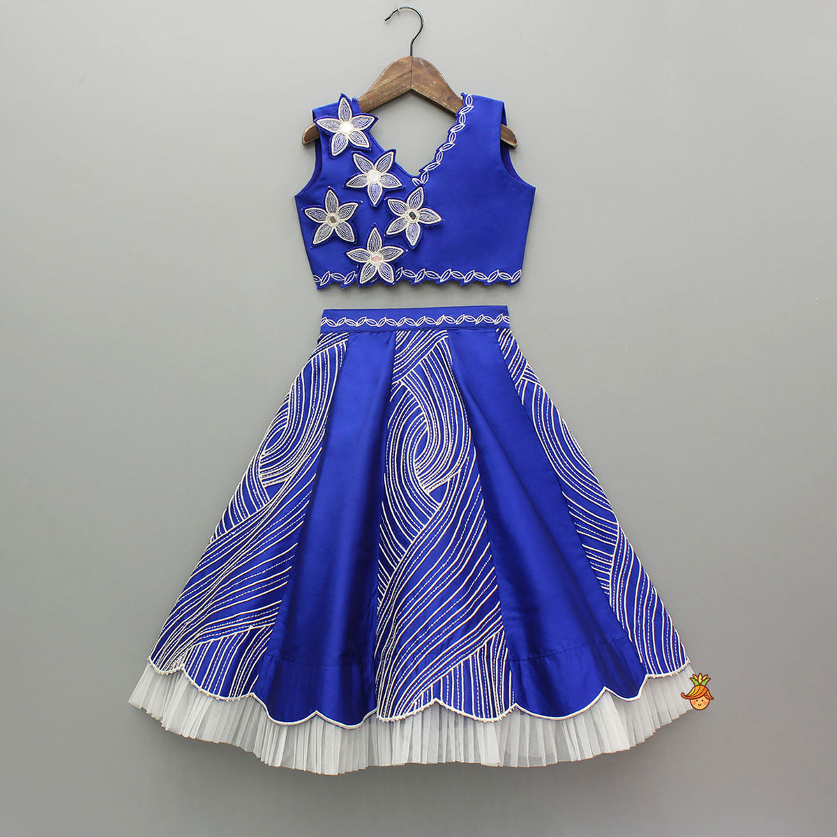 Pre Order: Blue Embroidery And Cut Work Flowers Embellished Top And Lehenga