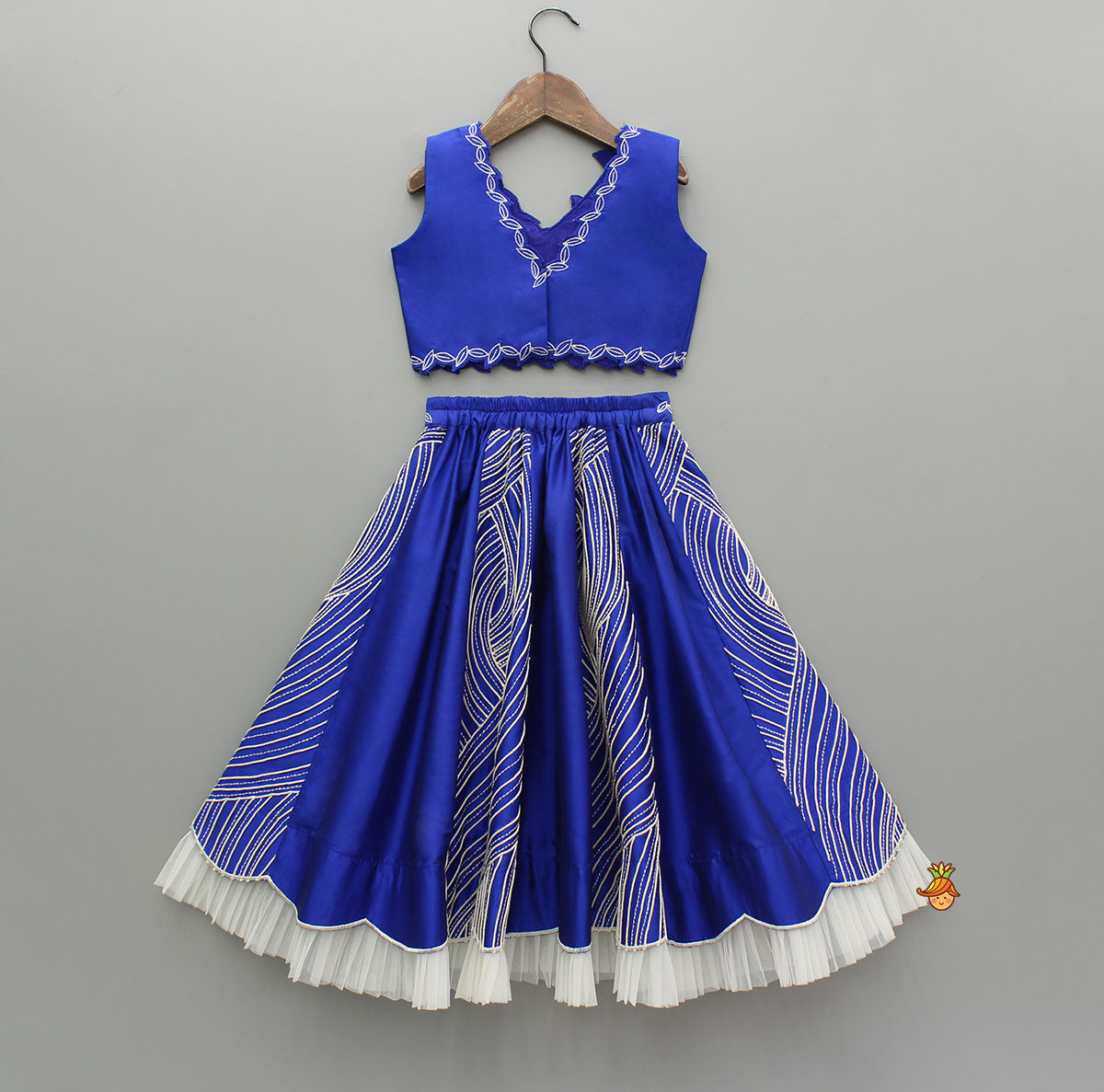 Pre Order: Blue Embroidery And Cut Work Flowers Embellished Top And Lehenga