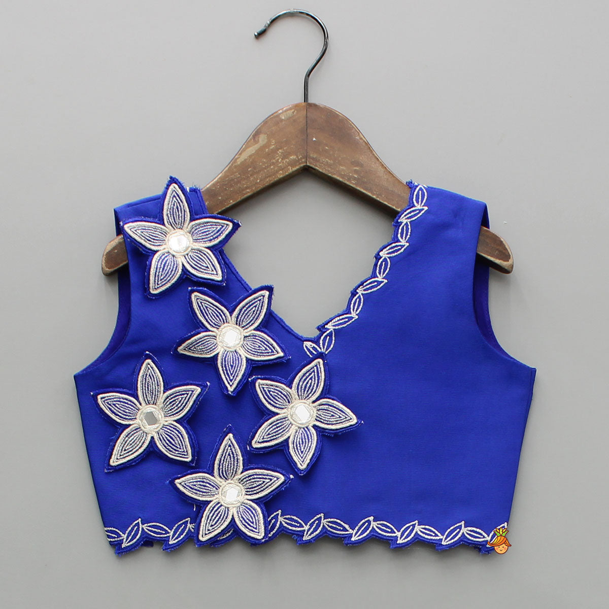 Pre Order: Blue Embroidery And Cut Work Flowers Embellished Top And Lehenga