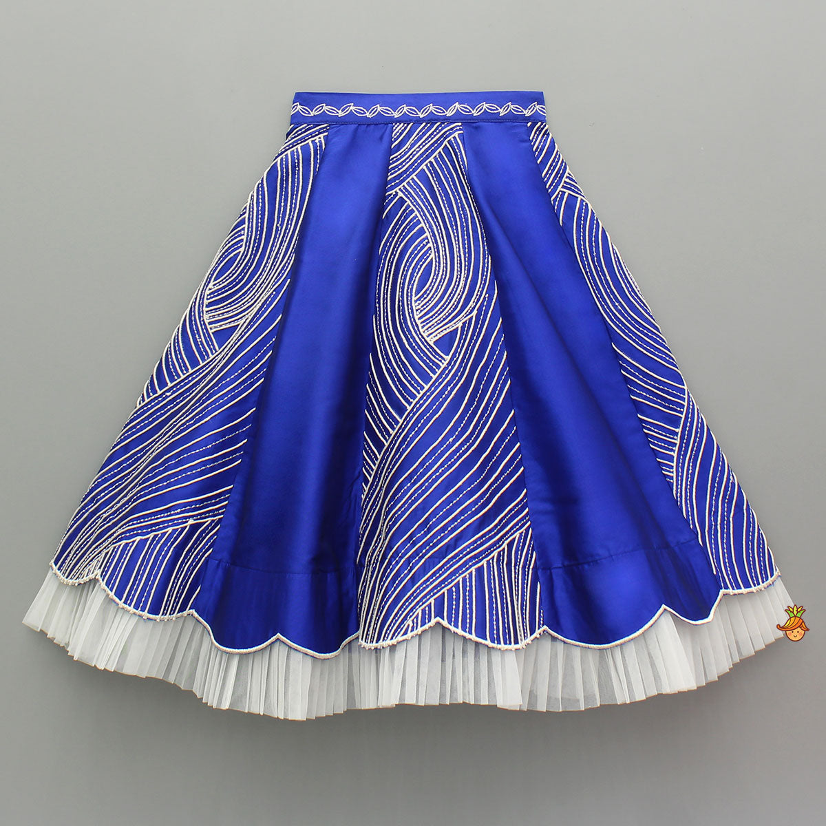 Pre Order: Blue Embroidery And Cut Work Flowers Embellished Top And Lehenga