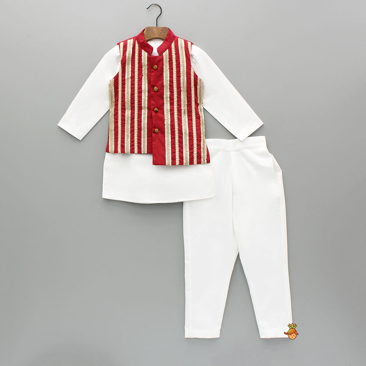 Pre Order: White Kurta With Embroidered Lace Work Jacket And Pant