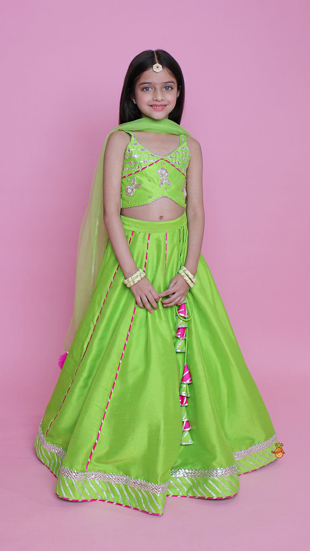 Pre Order: Green Embroidered Strappy Top And Lehenga With Dupatta