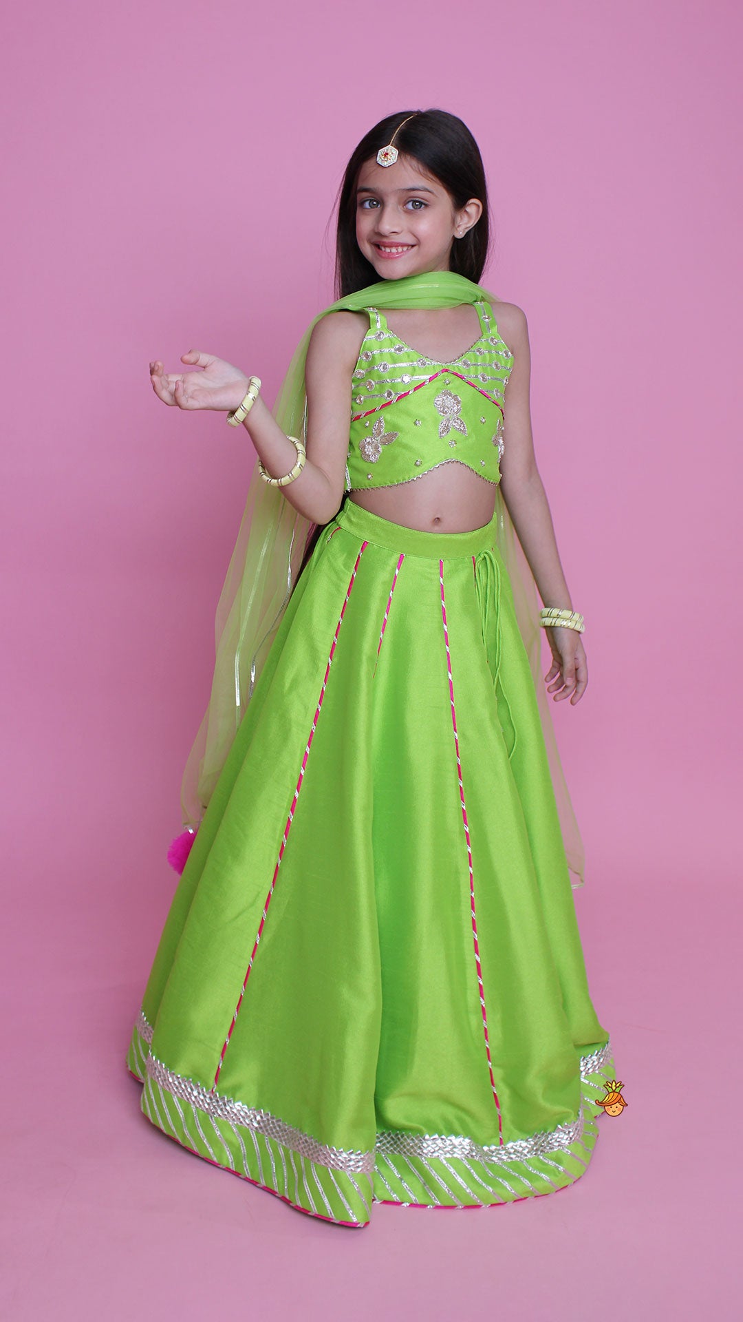 Pre Order: Green Embroidered Strappy Top And Lehenga With Dupatta