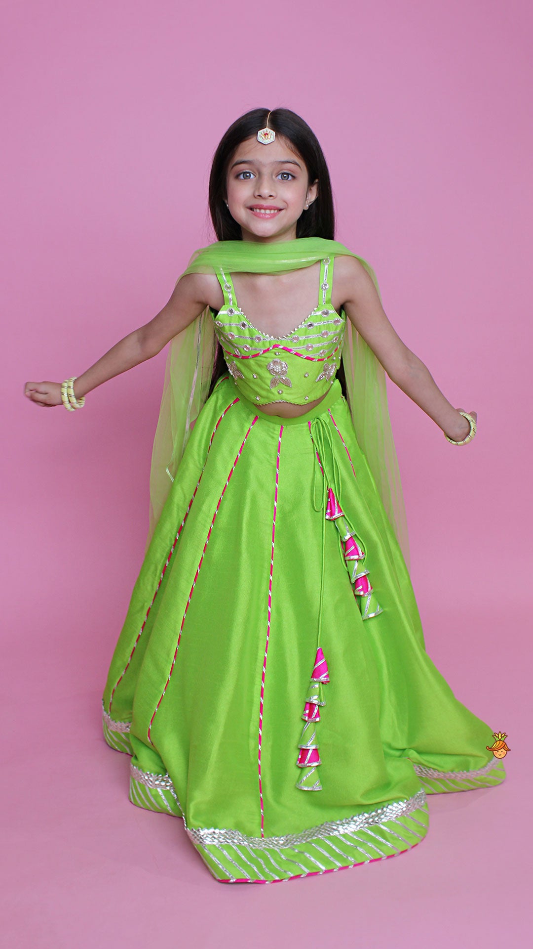 Pre Order: Green Embroidered Strappy Top And Lehenga With Dupatta