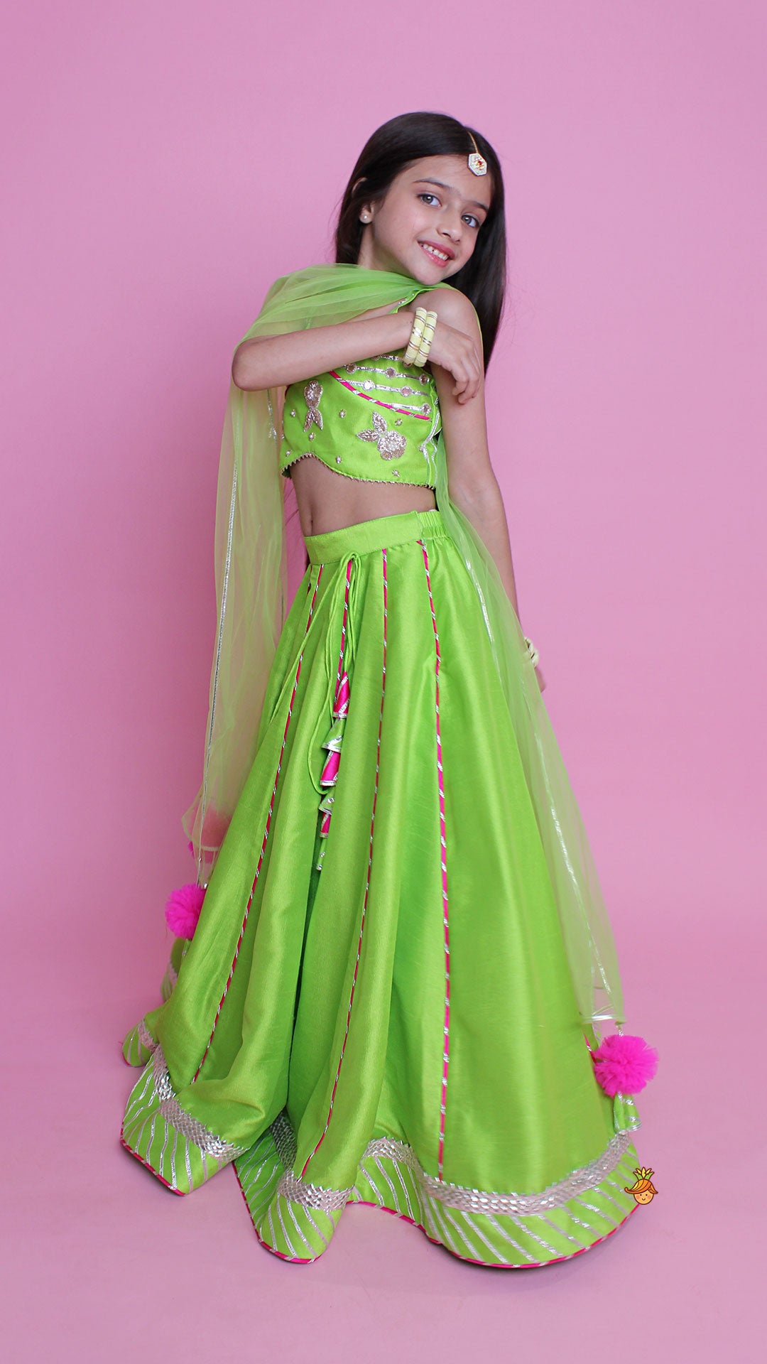 Pre Order: Green Embroidered Strappy Top And Lehenga With Dupatta