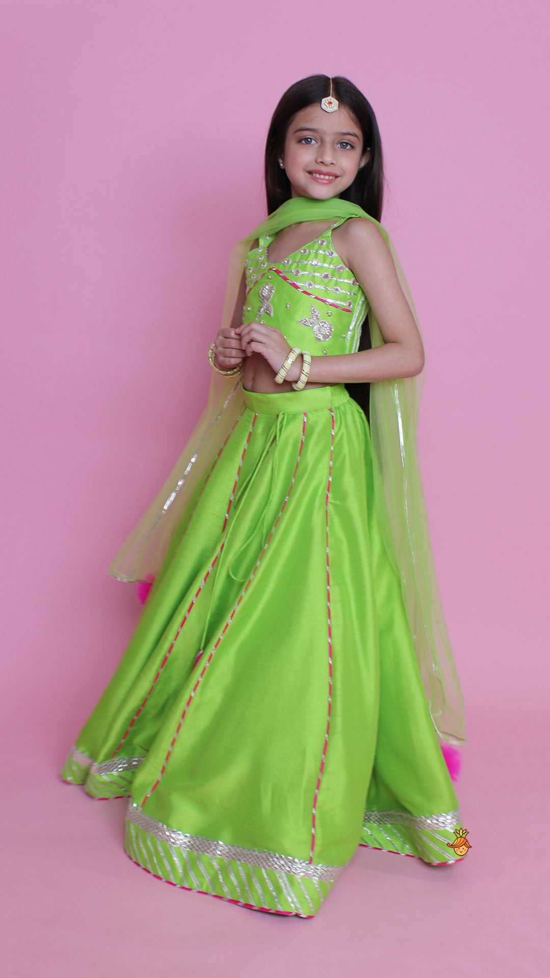 Pre Order: Green Embroidered Strappy Top And Lehenga With Dupatta