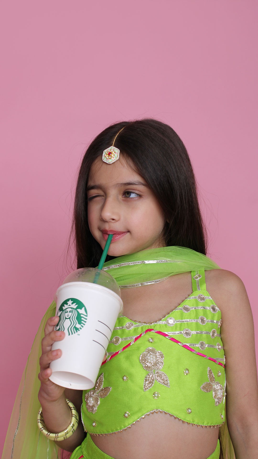 Pre Order: Green Embroidered Strappy Top And Lehenga With Dupatta