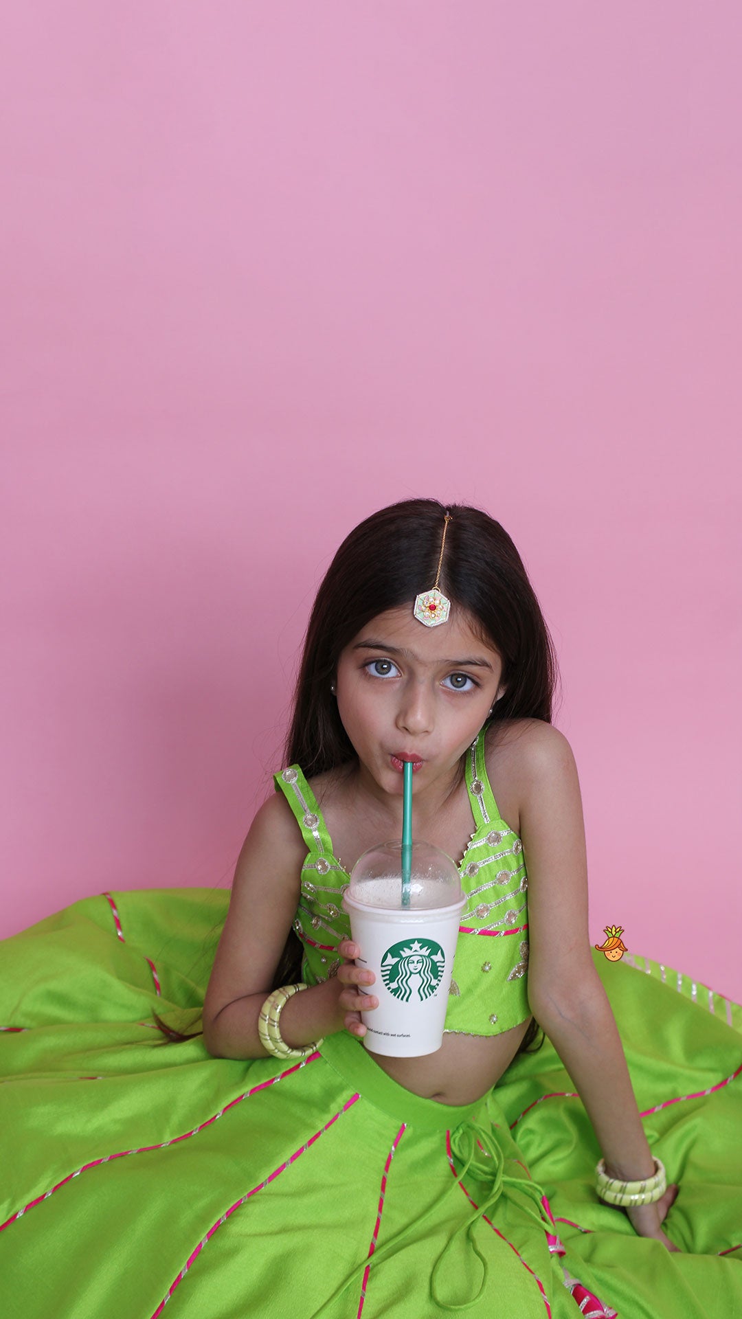 Pre Order: Green Embroidered Strappy Top And Lehenga With Dupatta