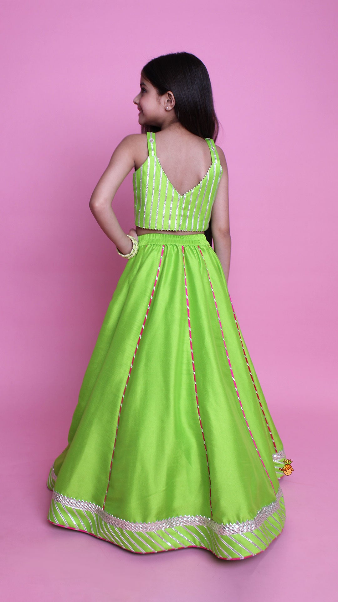 Pre Order: Green Embroidered Strappy Top And Lehenga With Dupatta