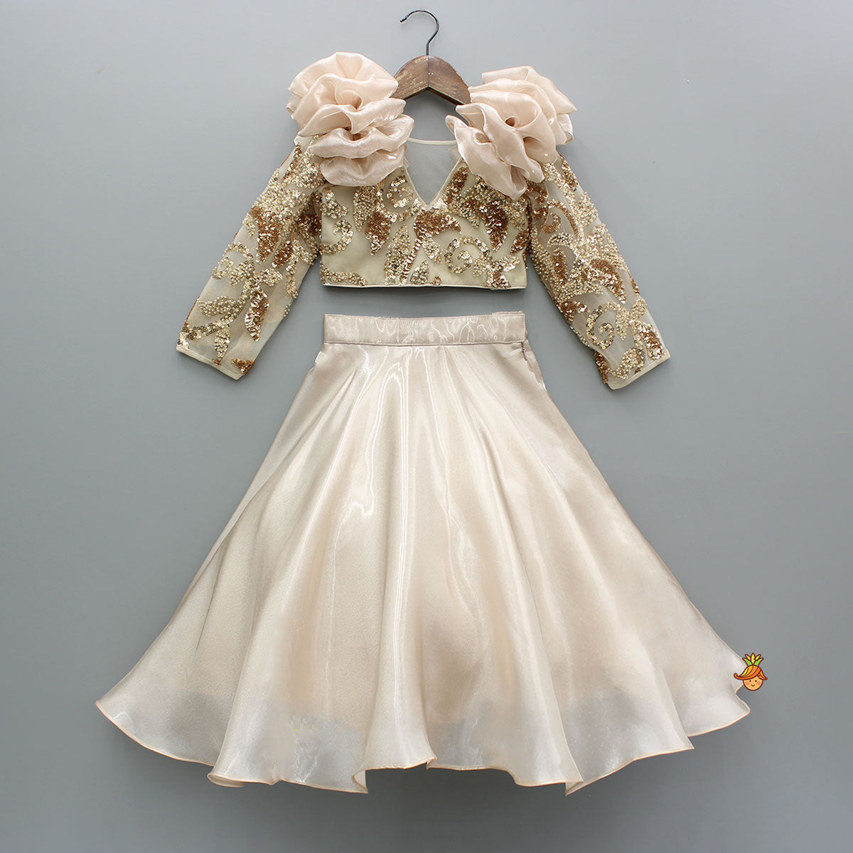 Pre Order: Embroidered Elegant Ruffle Detailed Top And Lehenga