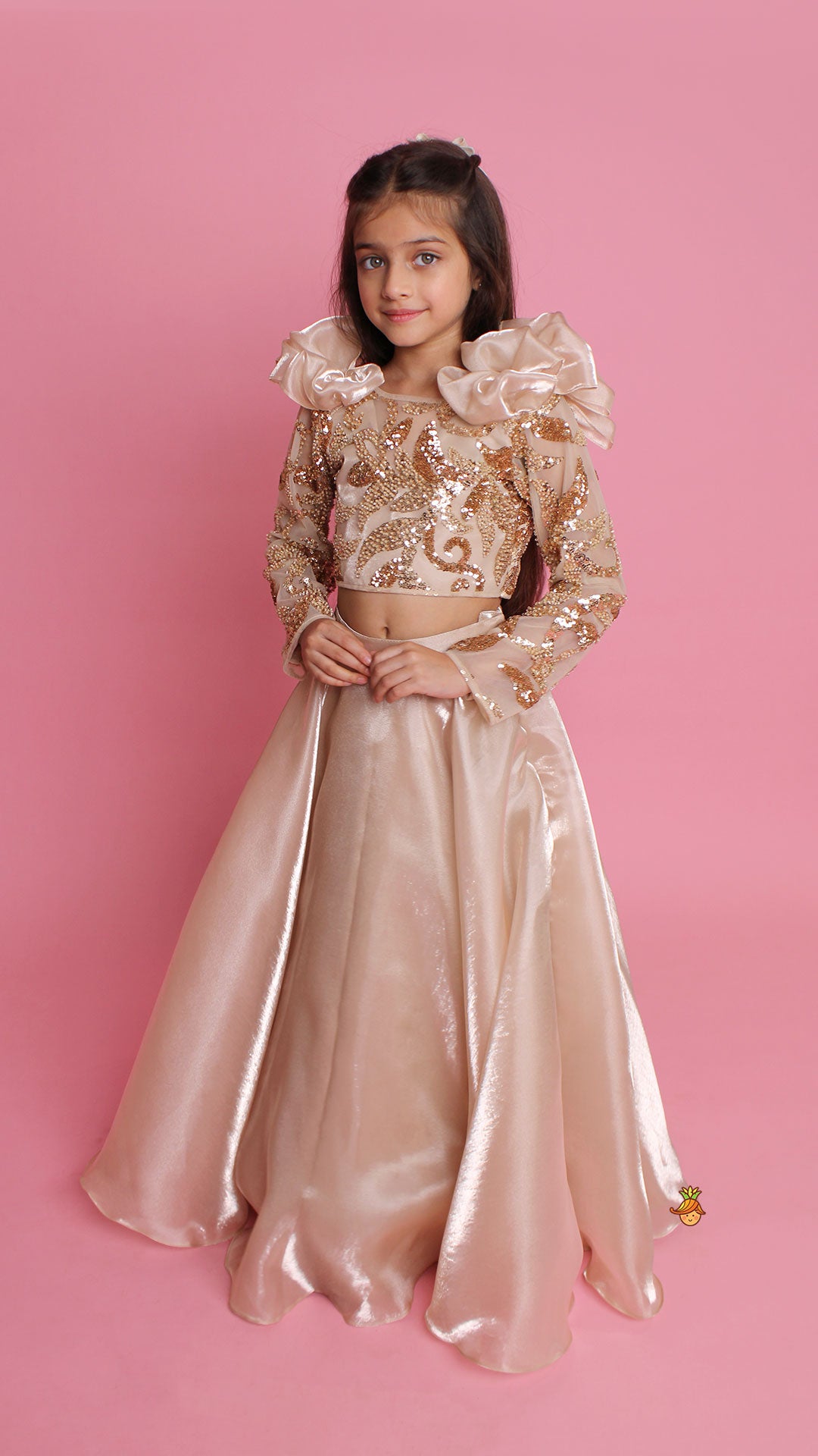 Pre Order: Embroidered Elegant Ruffle Detailed Top And Lehenga