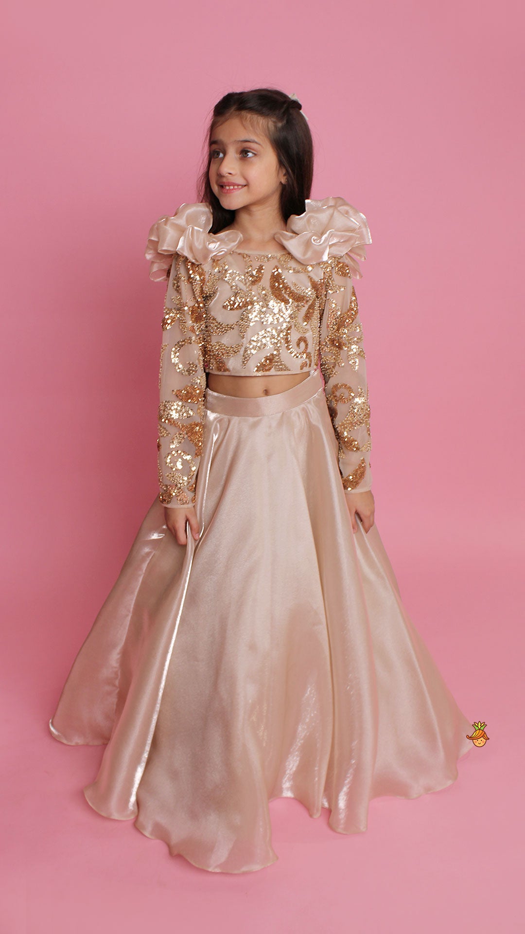 Pre Order: Embroidered Elegant Ruffle Detailed Top And Lehenga