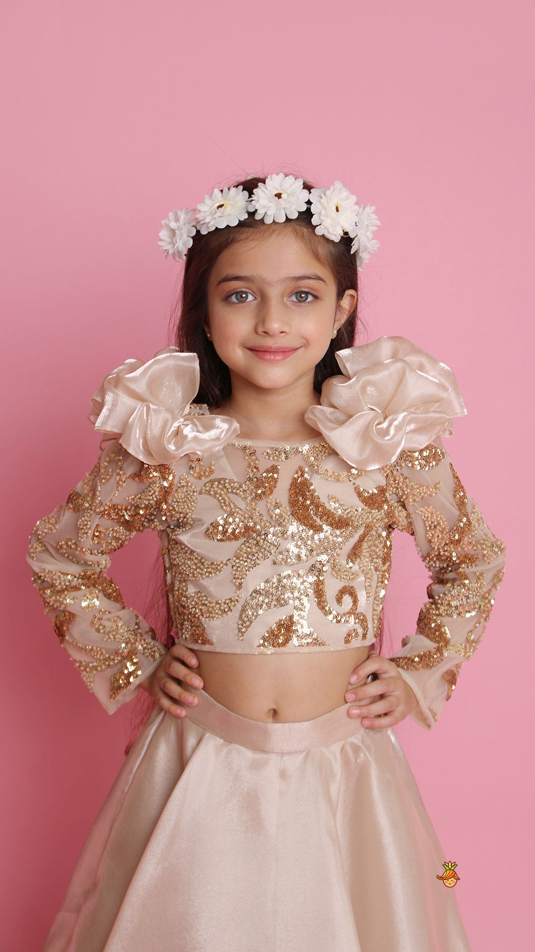Pre Order: Embroidered Elegant Ruffle Detailed Top And Lehenga