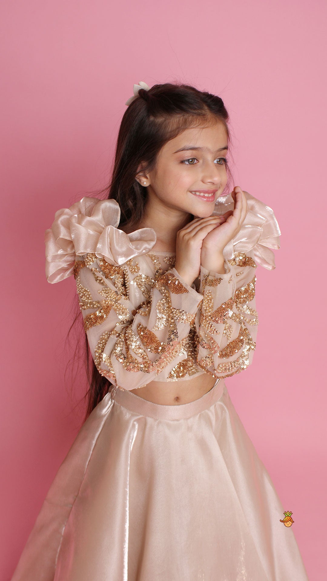 Pre Order: Embroidered Elegant Ruffle Detailed Top And Lehenga