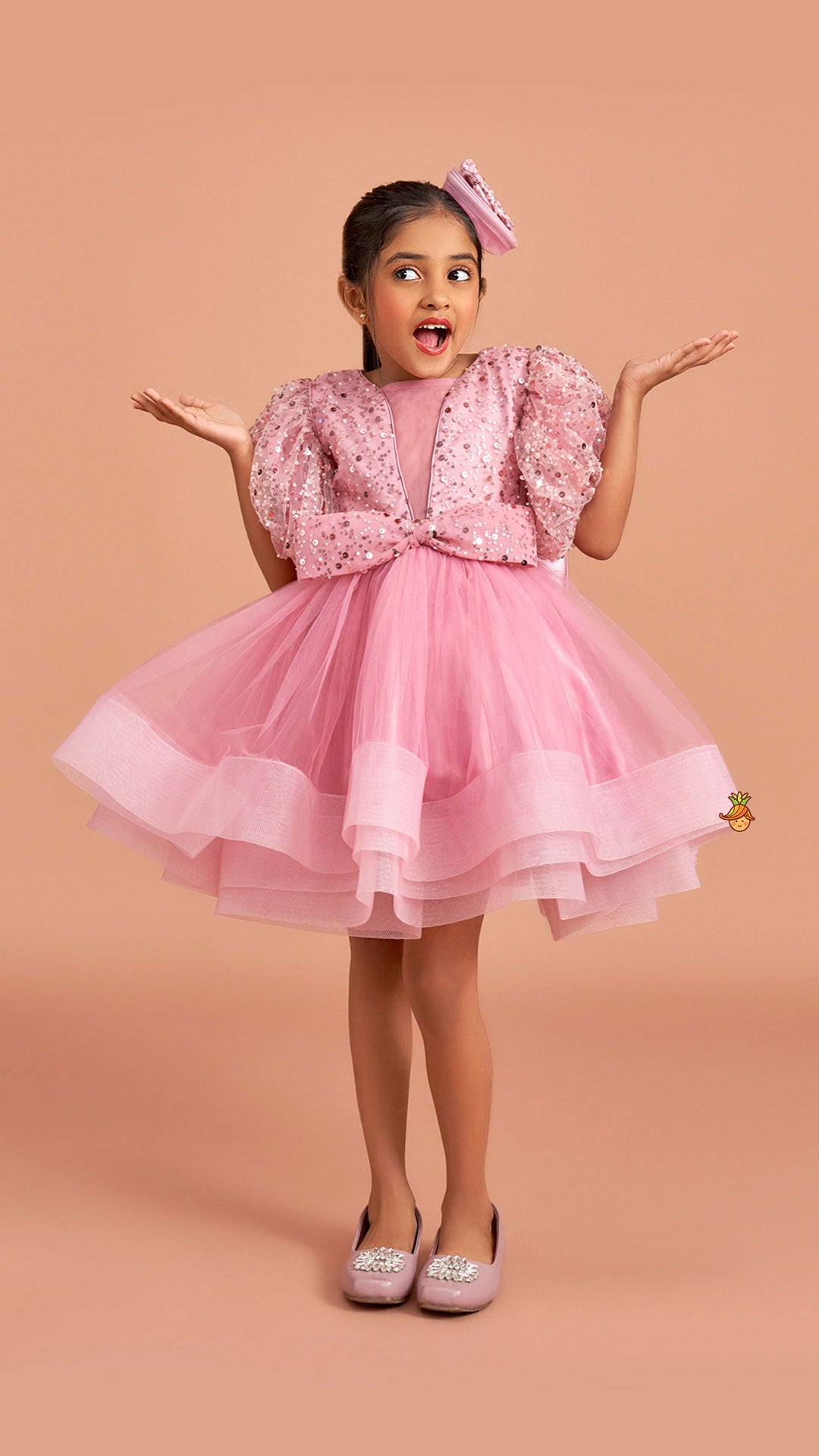 Pre Order: Sequined Detailed Layered Pink Dress With Bows And Matching Swirled Bow Headband