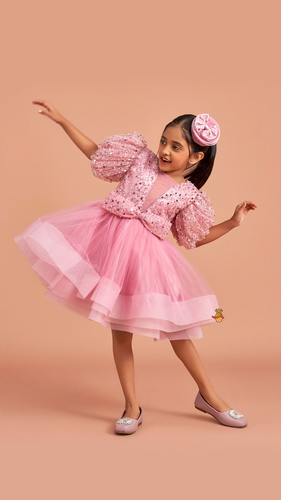 Pre Order: Sequined Detailed Layered Pink Dress With Bows And Matching Swirled Bow Headband