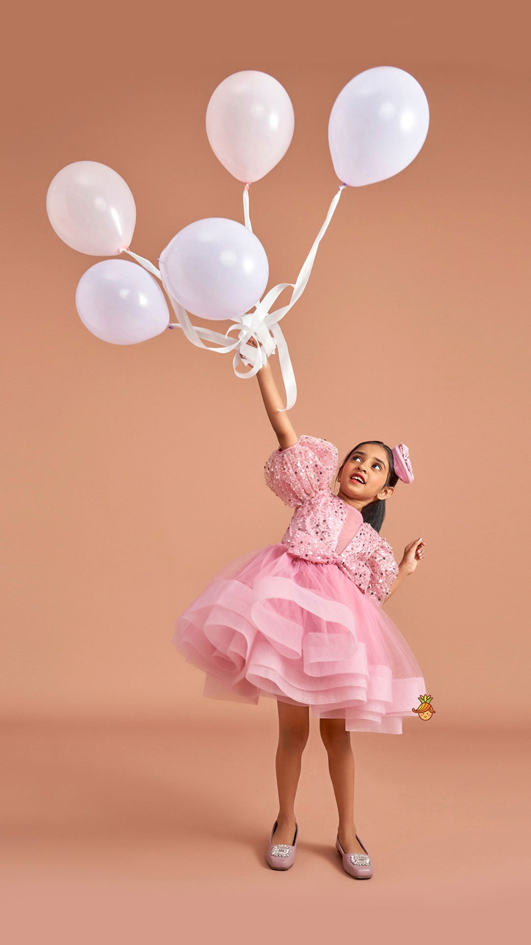 Pre Order: Sequined Detailed Layered Pink Dress With Bows And Matching Swirled Bow Headband