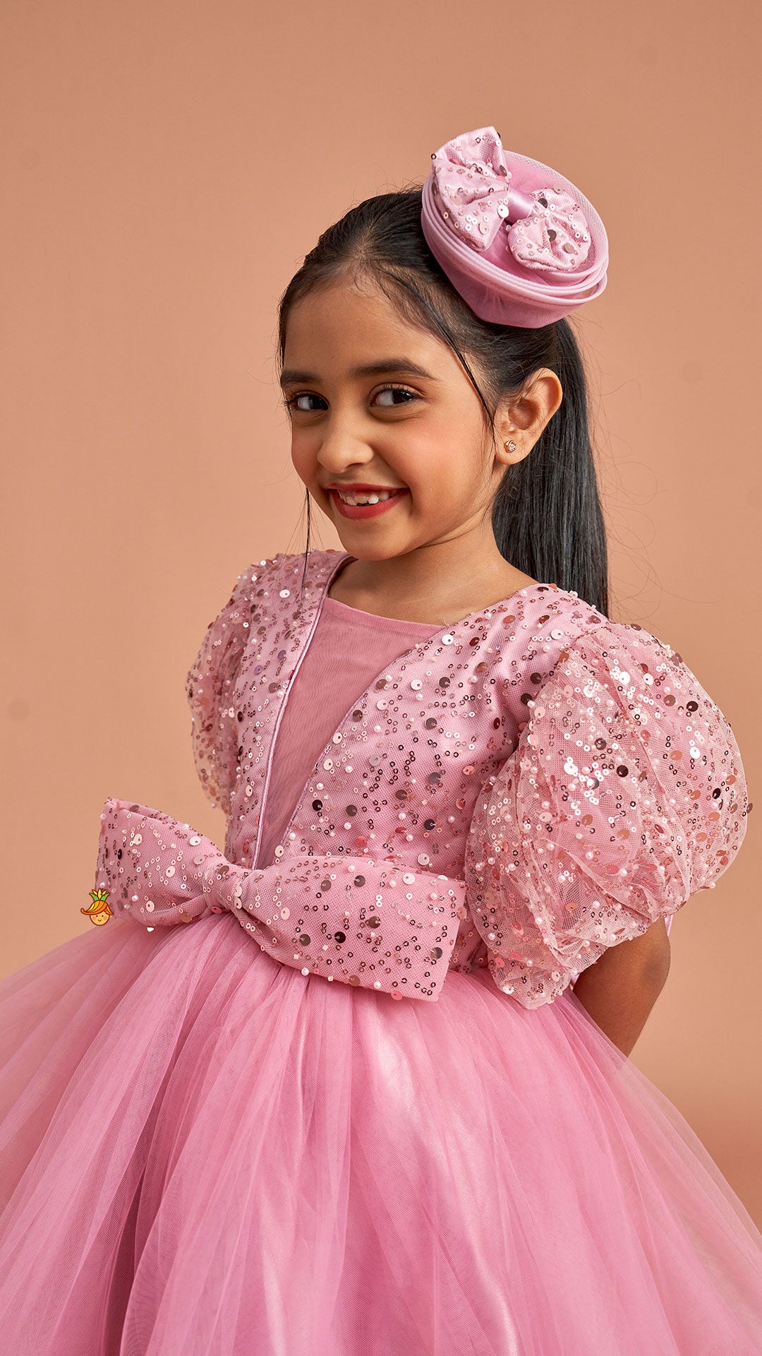 Pre Order: Sequined Detailed Layered Pink Dress With Bows And Matching Swirled Bow Headband