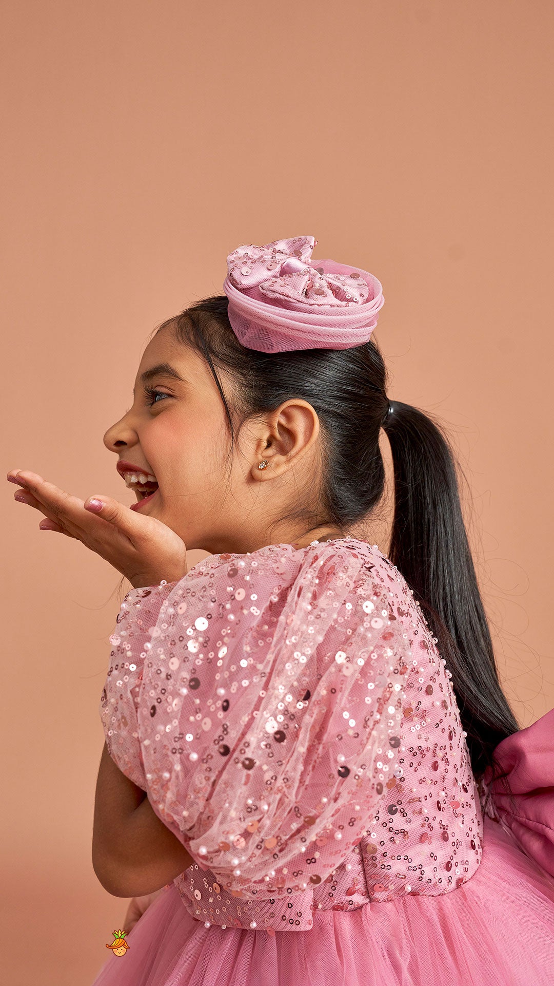 Pre Order: Sequined Detailed Layered Pink Dress With Bows And Matching Swirled Bow Headband