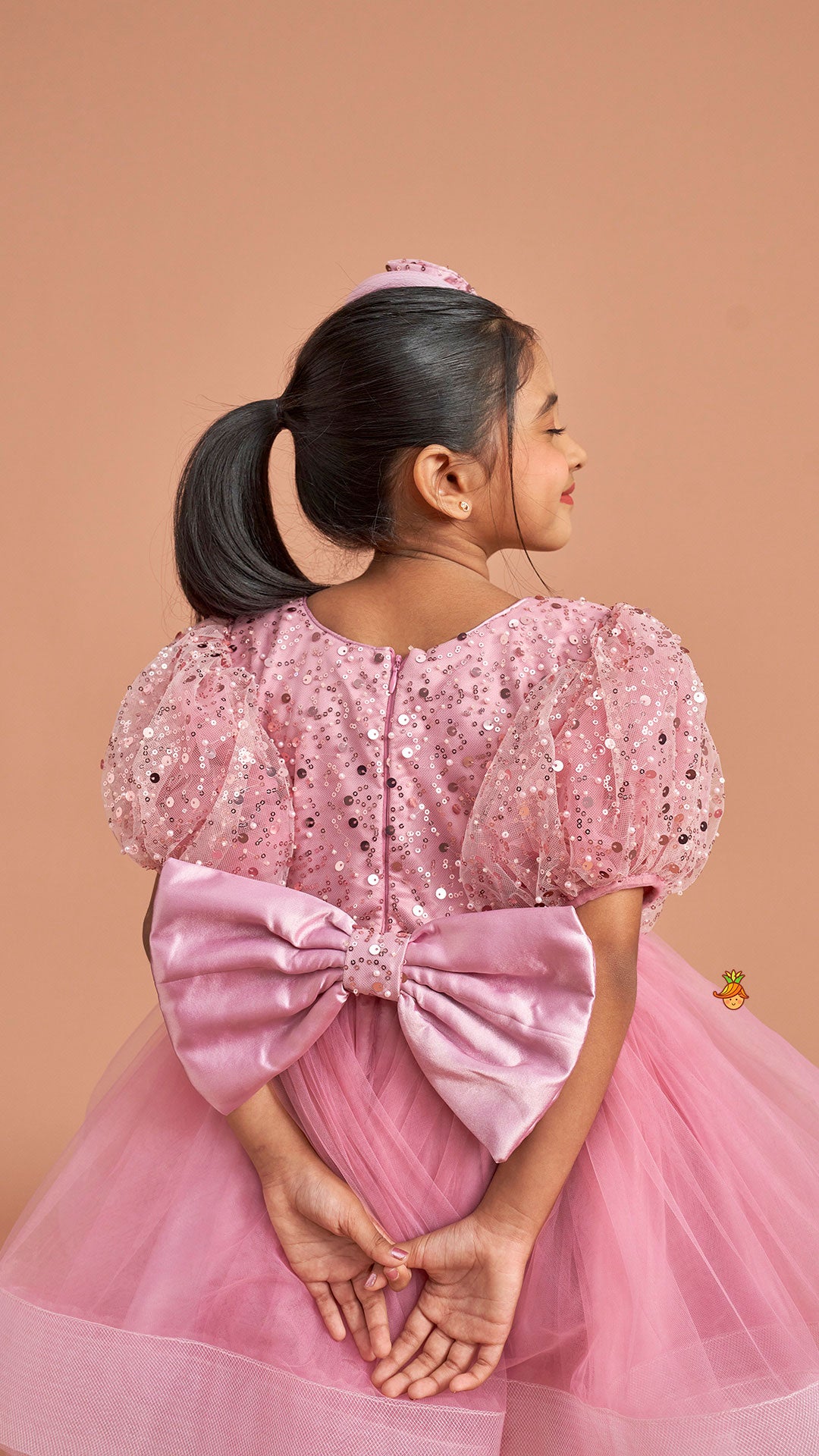 Pre Order: Sequined Detailed Layered Pink Dress With Bows And Matching Swirled Bow Headband