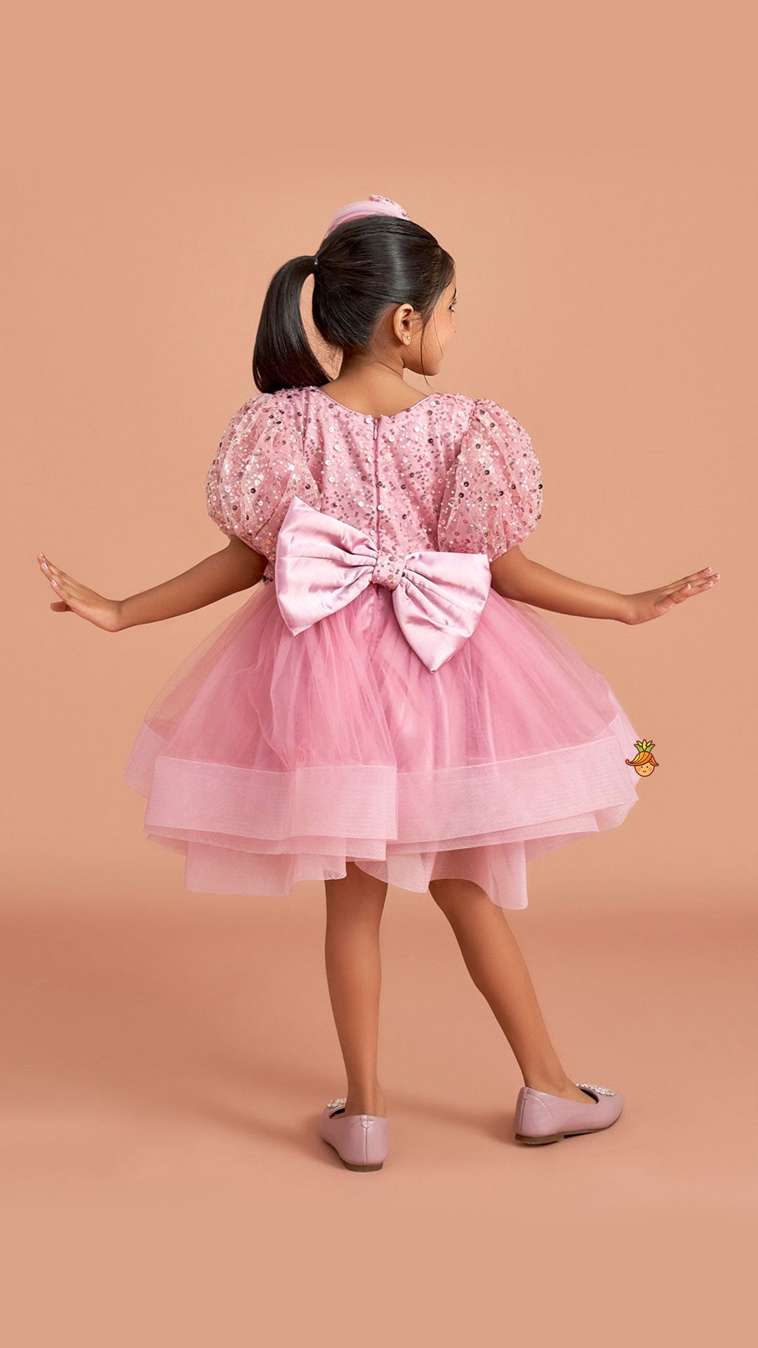 Pre Order: Sequined Detailed Layered Pink Dress With Bows And Matching Swirled Bow Headband