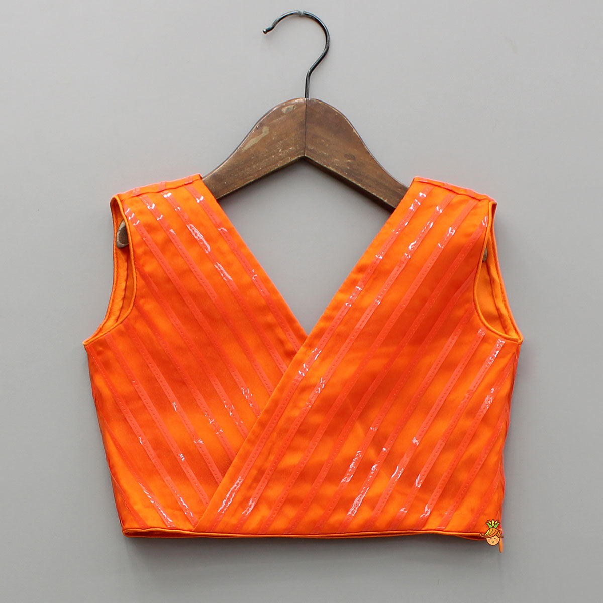 Pre Order: Orange Holographic Lace Detailed Shimmery Top And Layered Lehenga
