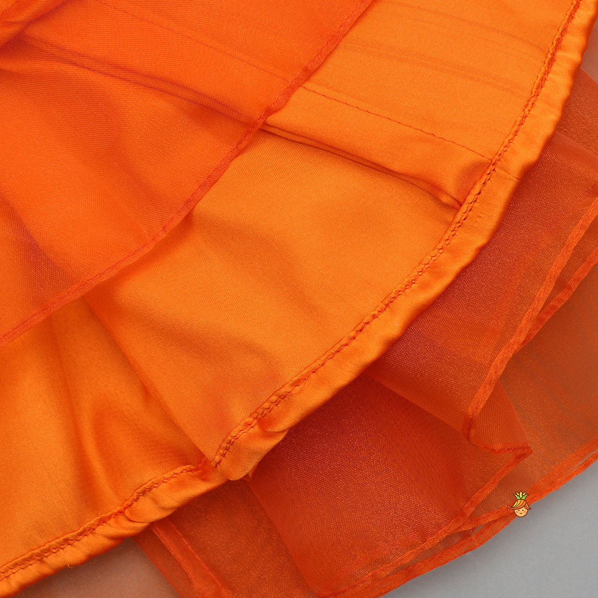 Pre Order: Orange Holographic Lace Detailed Shimmery Top And Layered Lehenga