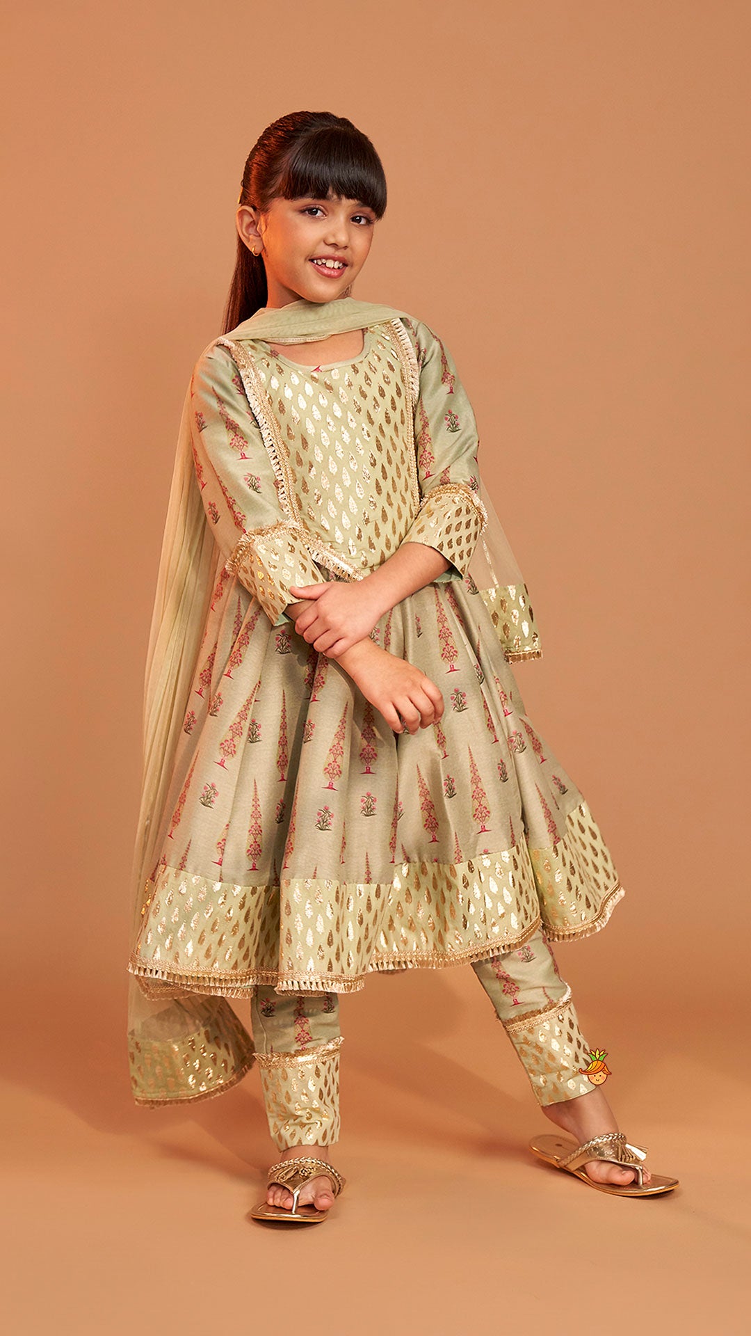 Pre Order: Chanderi Printed Long Kurti And Pant With Dupatta