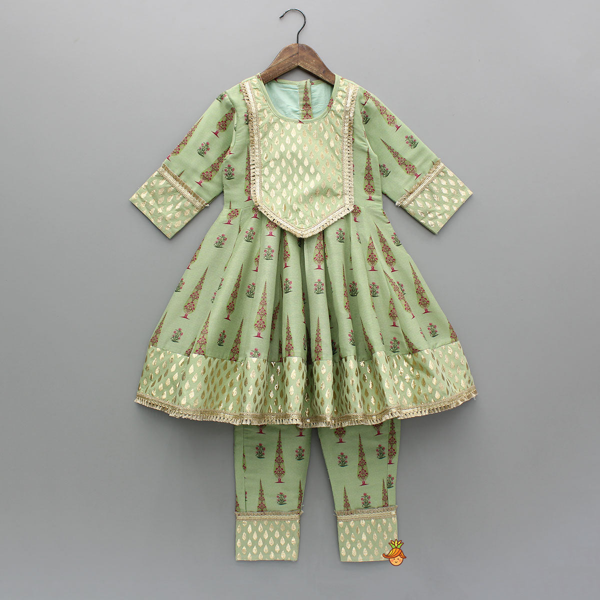 Pre Order: Chanderi Printed Long Kurti And Pant With Dupatta