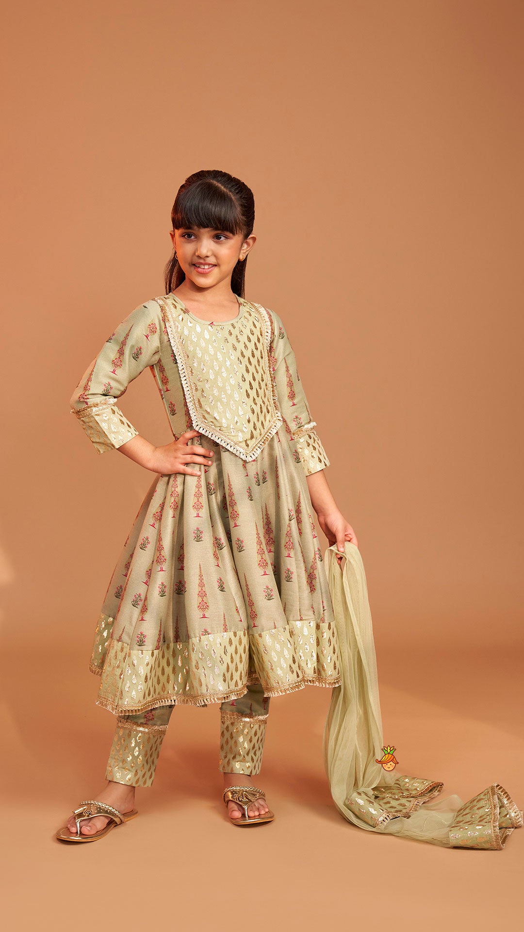 Pre Order: Chanderi Printed Long Kurti And Pant With Dupatta