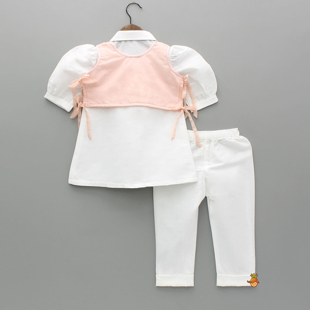 Pre Order: Elegant Shirt Style Top With Peach Embroidered Embellished Jacket And Pant