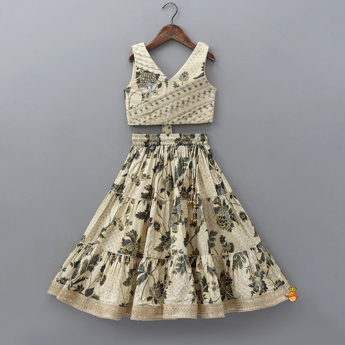 Pre Order: Printed Gota Lace Detailed Top And Tiered Lehenga