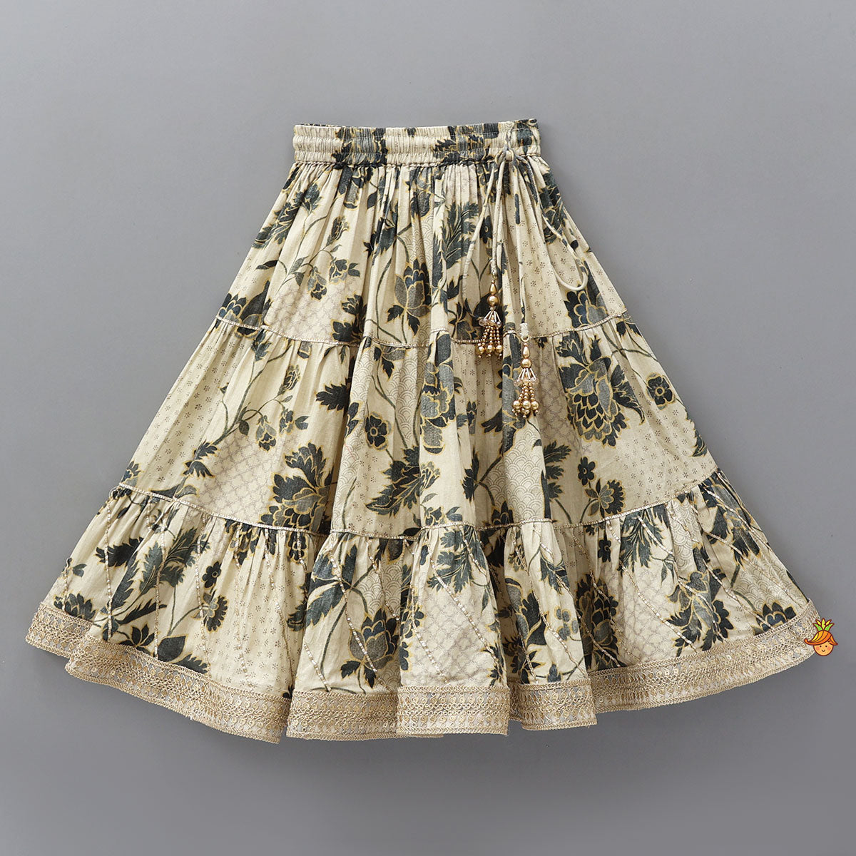 Pre Order: Printed Gota Lace Detailed Top And Tiered Lehenga