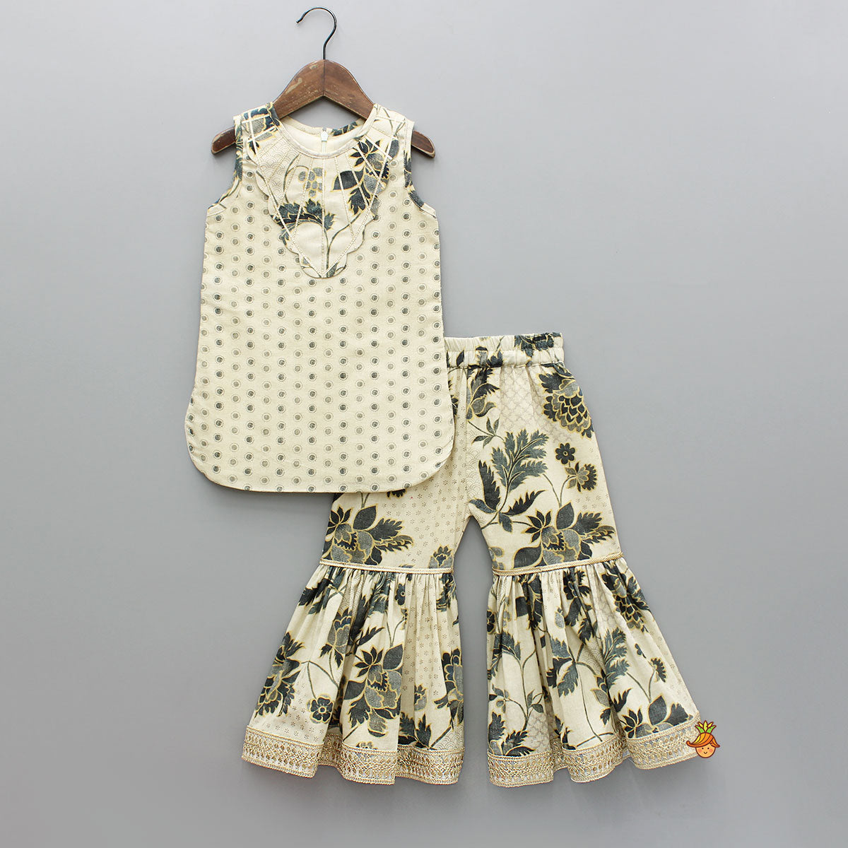 Pre Order: Beige Gota Lace Detailed Printed Kurti And Sharara