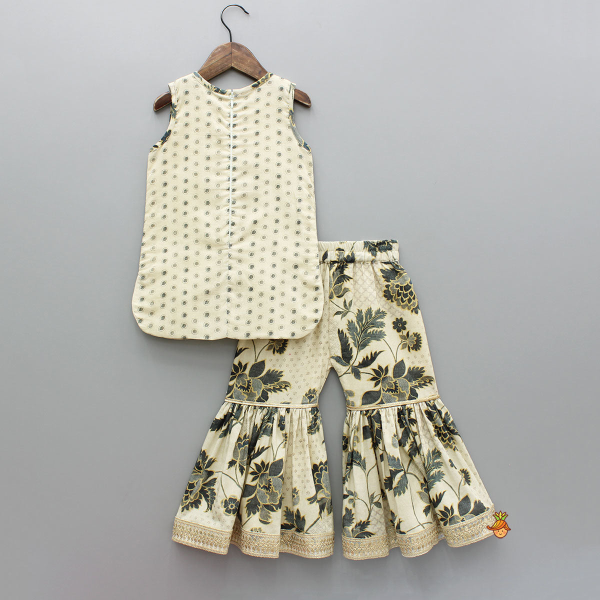 Pre Order: Beige Gota Lace Detailed Printed Kurti And Sharara