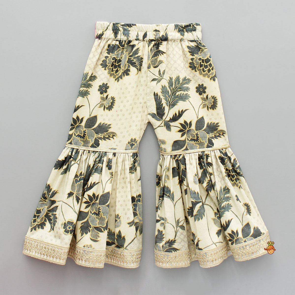 Pre Order: Beige Gota Lace Detailed Printed Kurti And Sharara