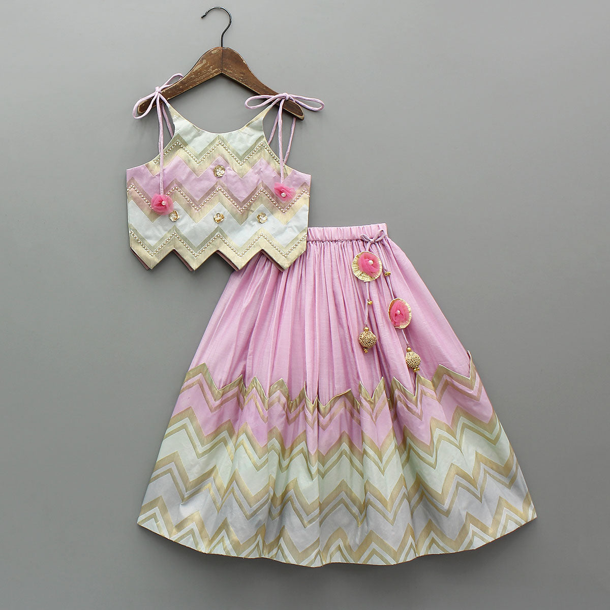 Pre Order: Lavender Embroidered Tie up Strap Top And Lehenga With Dupatta