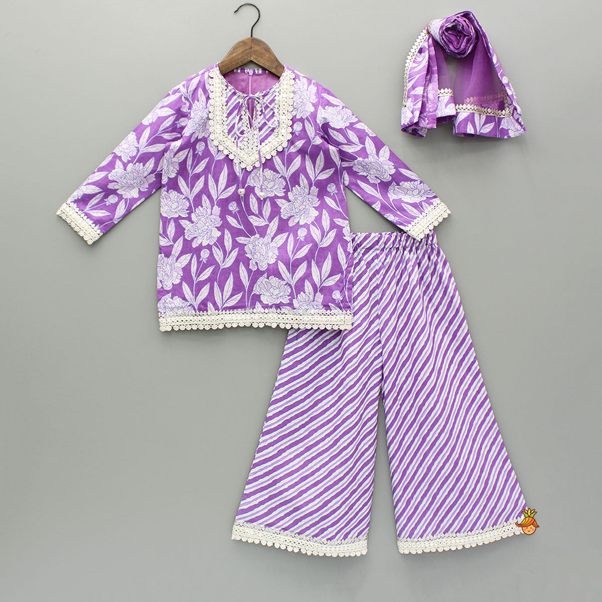 Pre Order: Purple Printed Kurti And Palazzo With Dupatta