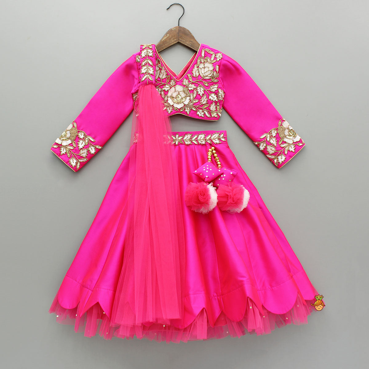 Pre Order: Pink Embroidered Top And Scalloped Hem Lehenga With Dupatta
