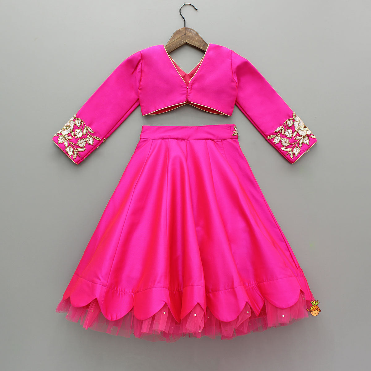 Pre Order: Pink Embroidered Top And Scalloped Hem Lehenga With Dupatta