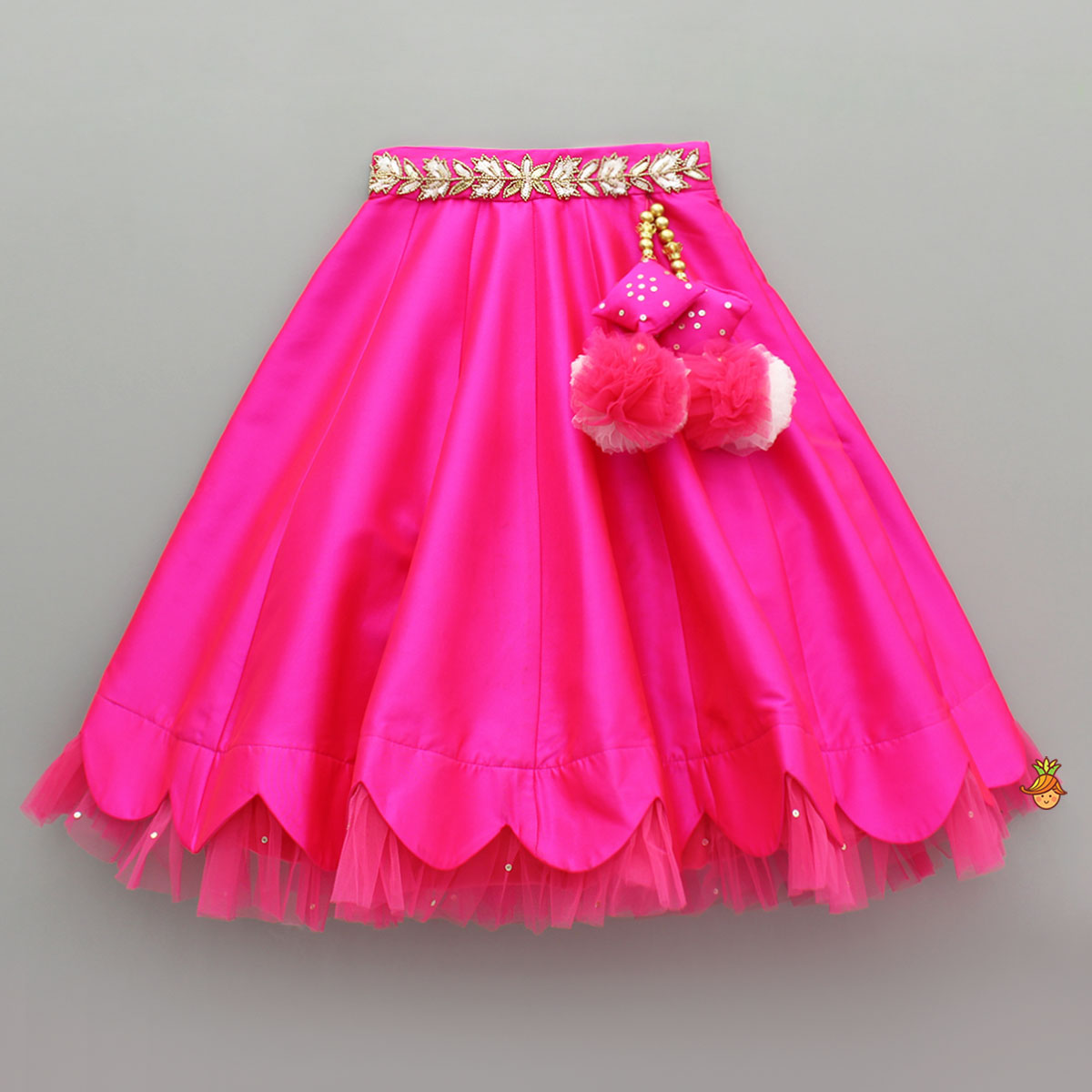 Pre Order: Pink Embroidered Top And Scalloped Hem Lehenga With Dupatta