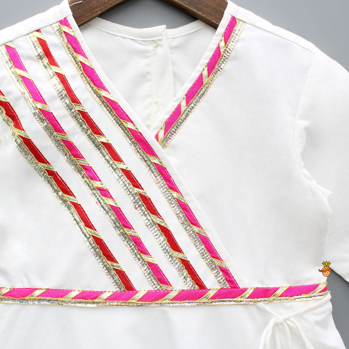 Pre Order: White Gota Lace Detailed Multicolour Embroidered Kurti