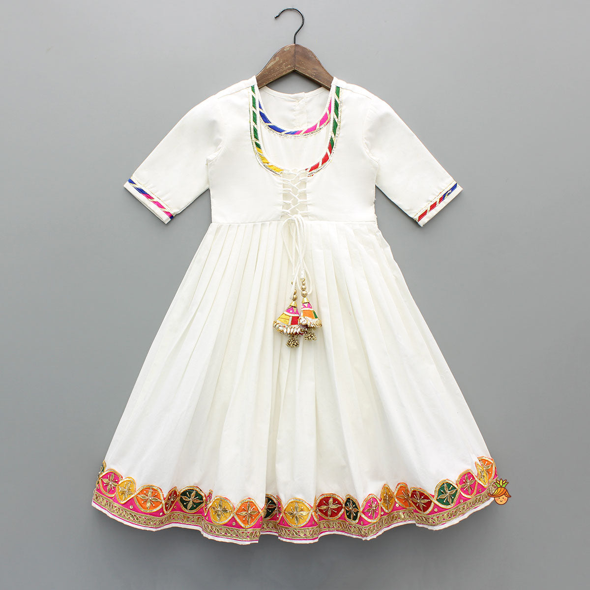 Pre Order: White Multicolour Embroidered Kurti With Gota Lace Detailing